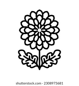 Chrysanthemum flower, editable icon. Blooming flower head with petals and leaves. Minimalistic botanical illustration for a label, flower shop, design website. Flat icon, thin stroke