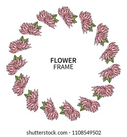 Chrysanthemum Flower Frame. Floral Wreath Print for Greeting Card and Invitation. Beautiful Bouquet with Pink Asters. Wedding, Mother's day and other Holiday Theme