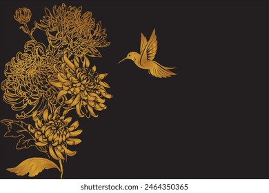 Chrysanthemenblüte mit goldenem Verlauf und Kolibris auf schwarzem Hintergrund