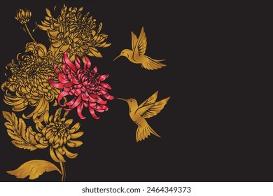 chrysanthemum flower with a golden gradient and a red one and two hummingbird birds on a black background