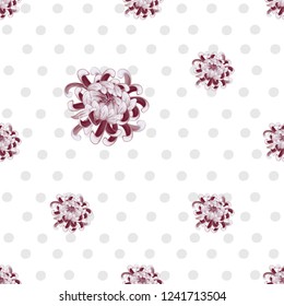 Chrysanthemum flower pattern. Seamless polka dot background. Elegant traditional decoration on white backdrop. Pastel colored hand drawn vector illustration.