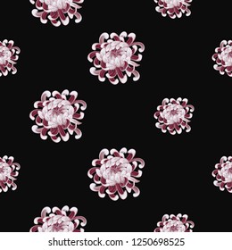 Chrysanthemum flower pattern. Seamless polka dot background. Elegant traditional decoration on black backdrop. Pastel colored hand drawn vector illustration.