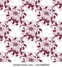 Chrysanthemum flower pattern. Seamless polka dot background. Elegant traditional decoration on white backdrop. Pastel colored hand drawn vector illustration.