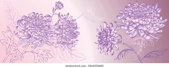  chrysanthemum flower with a pink gradient and one pink hummingbird bird on a pink gradient background