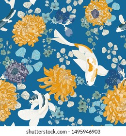 Chrysanthemum Flower Seamless Botanical Koi Fish Vector Pattern