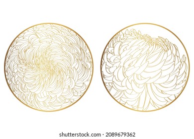 Chrysanthemum  Flower set. Signs or Logo Templates. Retro Floral Golden Illustration with Classy Typography. Feminine Logo. Template for florist, photographer, fashion blogger, design studio.