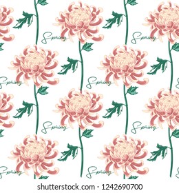 Chrysanthemum flower and spring quote pattern. Vector seamless background. Elegant traditional decoration on white backdrop. Pastel colored hand drawn illustration.