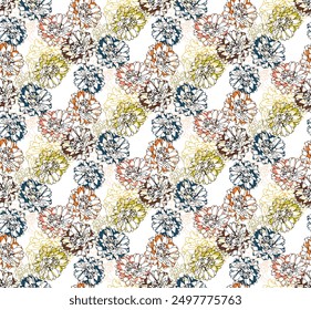 Chrysanthemum flowers abstract vector seamless pattern. Hand drawn flowers and leaves. 
