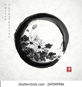 Chrysanthemum flowers in black enso circle hand drawn with ink in traditional Japanese style sumi-e. Sealed with hieroglyph "happiness". Vector illustration.