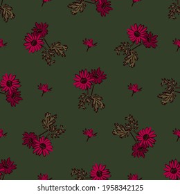 Chrysanthemum flowers drawing, bloom in pink colors, floral seamless pattern, nature abstract background vector. Line art botanical illustration graphic design print, fabric. Trendy green wallpaper