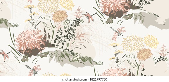 chrysanthemum flowers nature landscape view vector sketch illustration japanese chinese oriental line art ink seamless