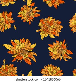Chrysanthemum flowers pattern vector. Hand drawn botanical background illustration. Floral design print for textile.