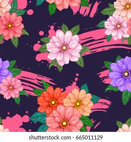 Chrysanthemum flowers with pink watercolor imitation splashes seamless pattern on deep purple background
