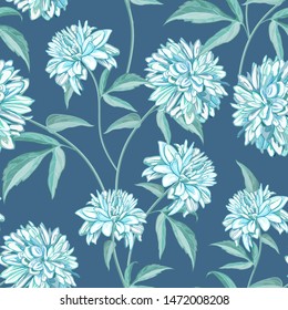 Chrysanthemum flowers rudbeckia on blue seamless background. Realistic drawing of herbs. Decorative greeting cards, textiles, paper, dresses, clothes, holidays: Birthday, wedding, summer discounts