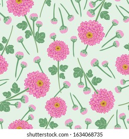 Chrysanthemum flowers seamless pattern on green background