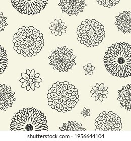 Chrysanthemum blüht nahtloses Muster. Frühlingsblütendesign. Dalhia blüht endloses Design. Japanische Motive. minimaler asiatischer Stil. Cotscharcore-Farbverlauf-Hintergrund. Stoffdruck oder Verpackungspapierdruck.
