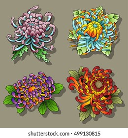 Chrysanthemum Flowers Tattoo Design Set Traditional Tattooing Art Style Collection