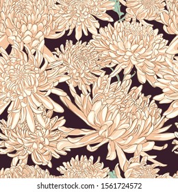 Chrysanthemum flowers. Vector image of autumn flowers. Hand-drawn illustration.
Print for textiles.
Seamless pattern.