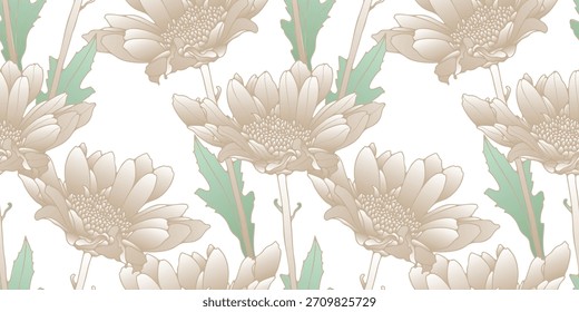 Chrysanthemum flowers vector seamless pattern. Floral luxury romantic illustration for wrapping paper, decor, wall decoration, wallpaper or cover art.