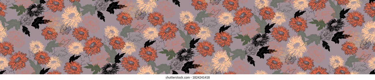 Chrysanthemum in full bloom. Colored freehand motley vector seamless pattern with Inflorescence of Flowers on grey background. Autumn Hand drawn floral elements for textile, fabric, wallpaper.