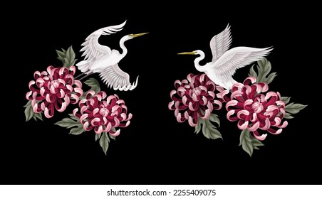 Chrysanthemum, golden-daisy with white heron isolated. Vector