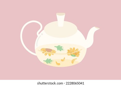 Té de hierbas de crisantemo en el vector de olla, diseño plano de flores orgánicas en el vector de tetera, diseño plano del vector vintage de tetera, vector de flores de crisantemo amarillo natural, tetera de bebidas orgánicas.