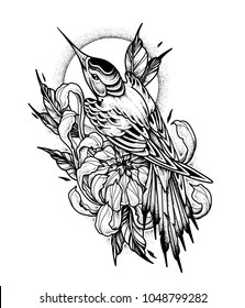 Chrysanthemum and Hummingbird tattoo. Dot work, psychedelic, zentangle style. vector illustration