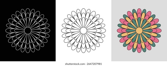 Chrysanthemum mandala with intricate symmetrical petals and bright fills for floral decor.