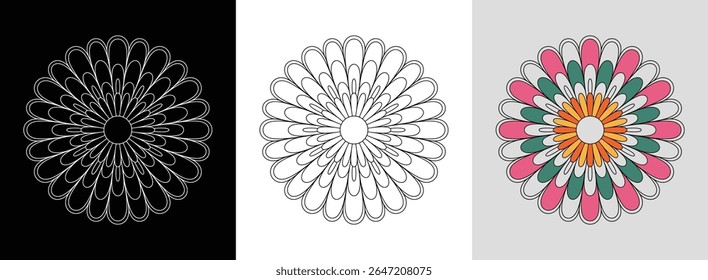 Chrysanthemum mandala with intricate symmetrical petals and bright fills for vibrant decor.