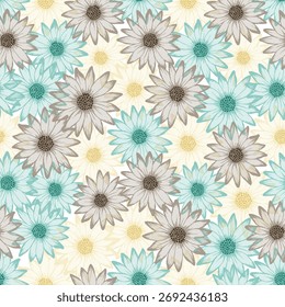 Chrysanthemum naive vector repeat pattern. Osteospermum blossom with transparent petals. Doodle garden flowers fabric design. Feminine botanical rapport.