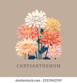 Chrysanthemum. November Birth month flower. Birth flowers vintage floral illustrations, retro flower market poster. Silkscreen printing retro groovy trippy psychedelic poster art. Simple minimal 1960'