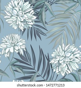 Chrysanthemum and palm leaves on grey background. Realistic drawing of herbs. Decorative card, Wallpaper, textiles, paper, dresses, holidays: Birthday, wedding, summer discount, sale