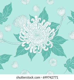 Chrysanthemum pattern on green background.Flower wallpaper by hand drawing.Vintage wallpaper vector.
