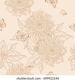 Chrysanthemum pattern on green background.Flower wallpaper by hand drawing.Butterfly with flower vintage wallpaper vector.