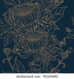 Chrysanthemum pattern on vintage background.Flower wallpaper by hand drawing.Butterfly with flower vintage wallpaper vector.