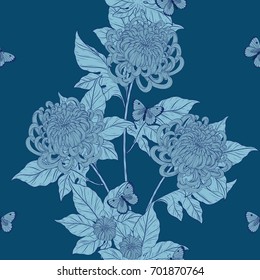 Chrysanthemum pattern onvintage  background.Flower wallpaper by hand drawing.Butterfly with flower vintage wallpaper vector.