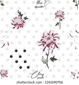 Chrysanthemum pattern. Vintage floral motif composition with chrysanthemum flowers and attributes. Vector seamless pattern background.