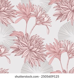 Chrysanthemum plants pattern illustration poster background. Dalhia Seamless Vector Pattern Ink Drawing. Flower pattern wallpaper textile vintage floral blossom spring illustration background seamless