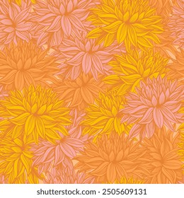 Chrysanthemum plants pattern illustration poster background. Dalhia Seamless Vector Pattern Ink Drawing. Flower pattern wallpaper textile vintage floral blossom spring illustration background seamless