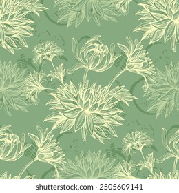 Fondo de póster de ilustración de patrón de plantas de crisantemo. Dibujo de tinta de patrón de Vector sin costura Dalhia. Patrón de flores Fondo de pantalla textil vintage floral flor ilustración de primavera de fondo transparente