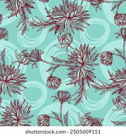 Fondo de póster de ilustración de patrón de plantas de crisantemo. Dibujo de tinta de patrón de Vector sin costura Dalhia. Patrón de flores Fondo de pantalla textil vintage floral flor ilustración de primavera de fondo transparente