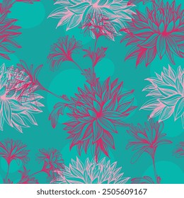 Fondo de póster de ilustración de patrón de plantas de crisantemo. Dibujo de tinta de patrón de Vector sin costura Dalhia. Patrón de flores Fondo de pantalla textil vintage floral flor ilustración de primavera de fondo transparente