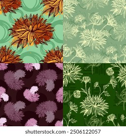 Chrysanthemum plants pattern illustration poster background. Dalhia Seamless Vector Pattern Ink Drawing. Flower pattern wallpaper textile vintage floral blossom spring illustration background seamless