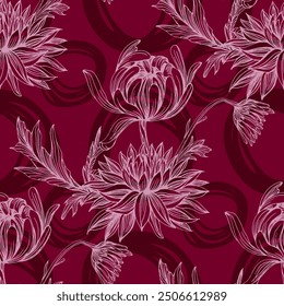 Chrysanthemum plants pattern illustration poster background. Dalhia Seamless Vector Pattern Ink Drawing. Flower pattern wallpaper textile vintage floral blossom spring illustration background seamless