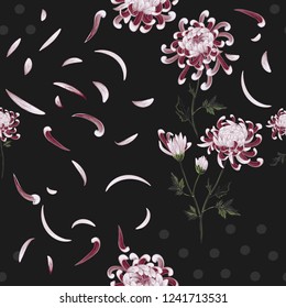 Chrysanthemum polka dot floral pattern. Flowers, petals, leaves of chrysanthemum on vintage repeatable vector black background.