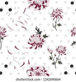 El crisantemo polka puntiagudo patrón floral. Flores, pétalos, hojas de crisantemo sobre fondo vectorial repetible vintage.