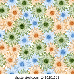 Chrysanthemum pretty summer seamless pattern. Sunflower bloom with transparent petals. Creative garden flowerheads scrapbooking swatch. Subtle botanical background.