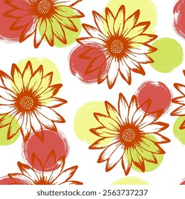 Chrysanthemum pretty vector repeat pattern. Camomile daisy blossom over circles background. Decorative garden flowers textile print. Subtle botanical ornament.