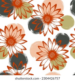 El crisantemo es una buena relación vectorial sin fisuras. La margarita de Chamomile florece sobre el fondo de los círculos. Flores de jardín de Doodle estampado textil. Relación botánica sutil.