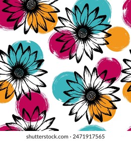 Chrysanthemum pretty vector seamless rapport. Sunflower blossom over circles background. Decorative garden flowers textile print. Adorable natural ornament.